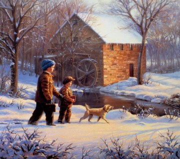 two boys singing Painting - Russian boys and puppy pet kids